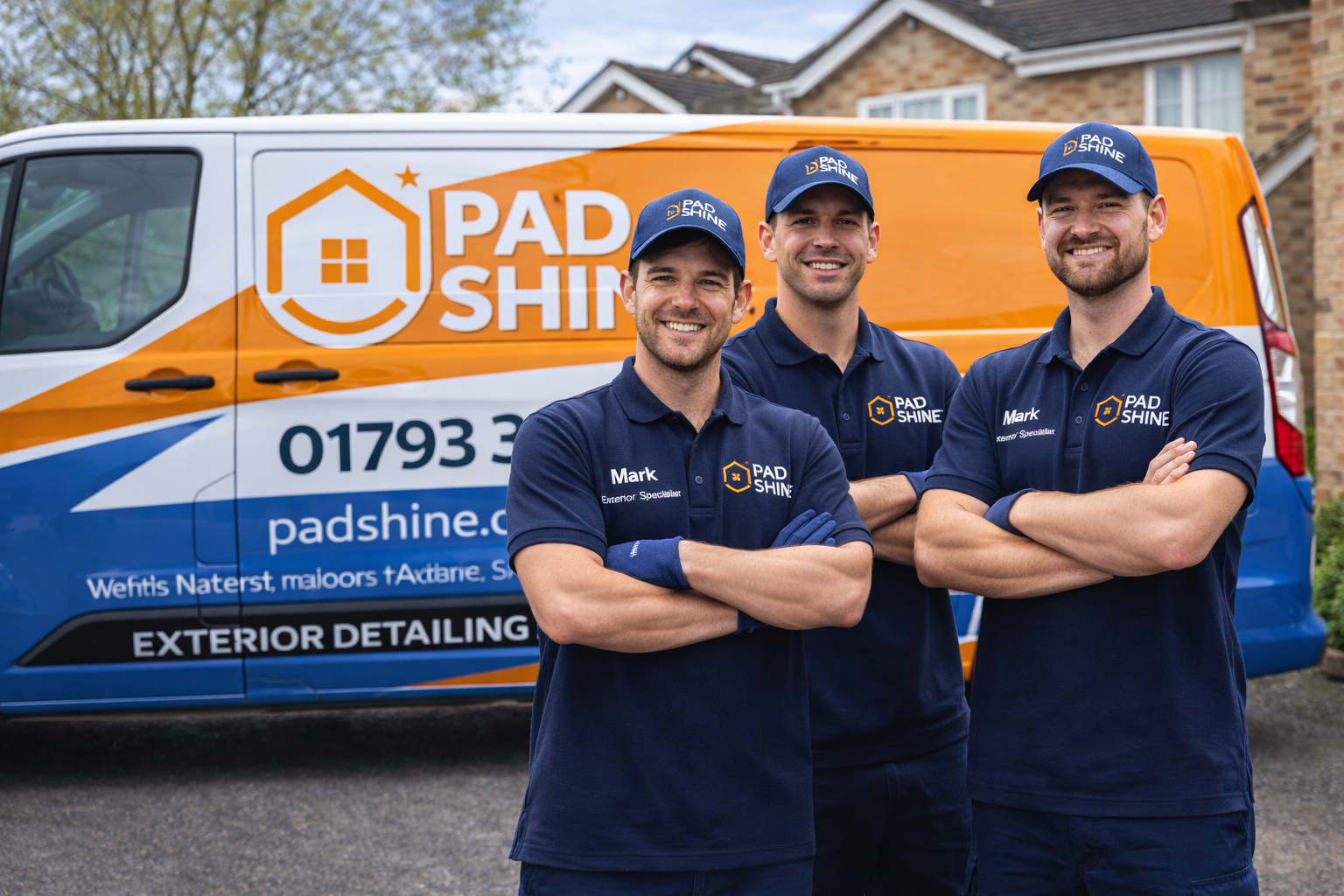 The Pad Shine team in navy uniforms in front of their branded orange and blue van
