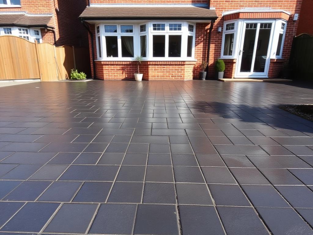 A freshly cleaned block-paving driveway in front of a brick home