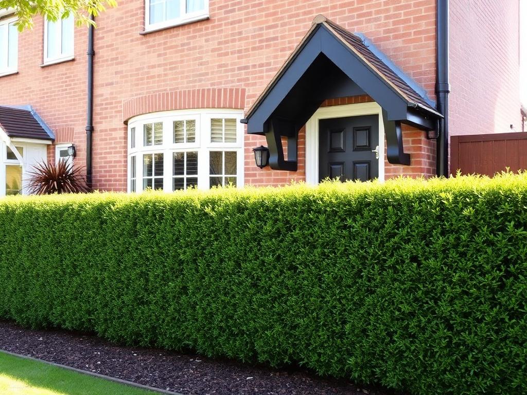 A freshly trimmed hedge with a perfectly straight top in front of a brick home