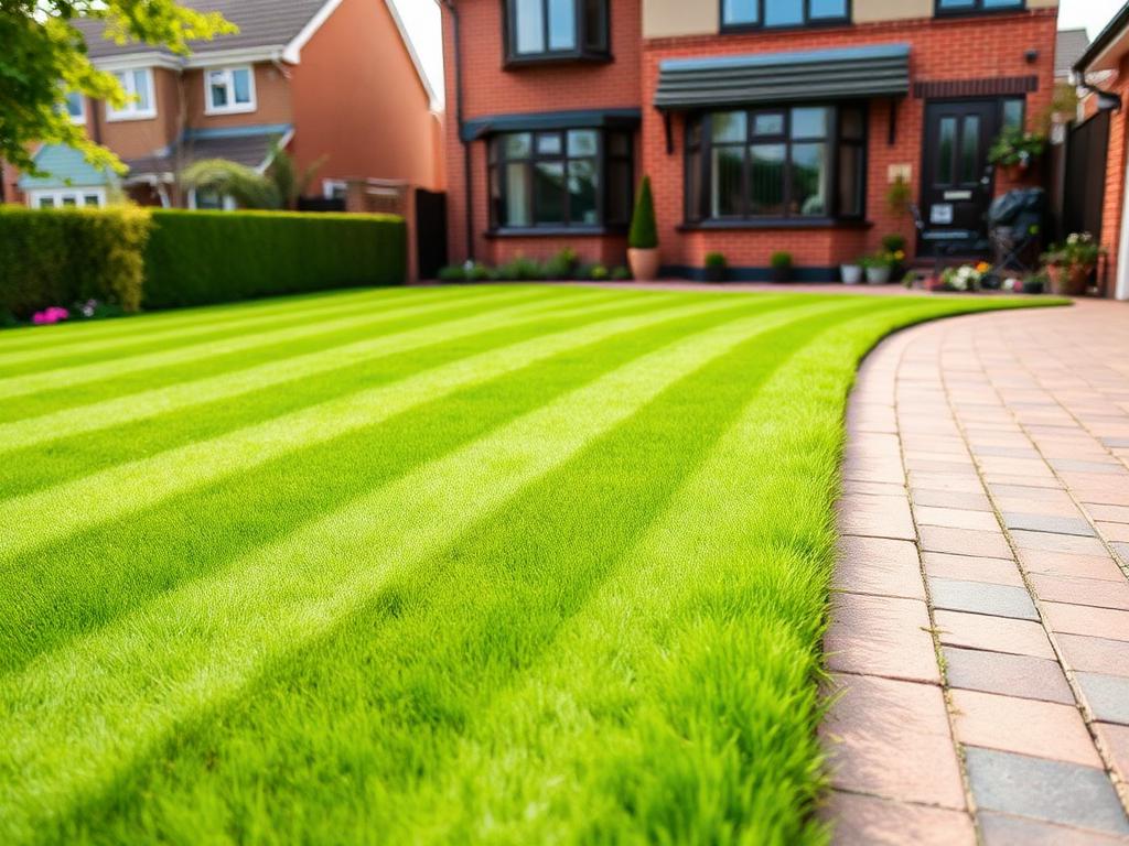 A freshly mowed lawn with crisp stripes in front of a brick home